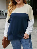 Plus Size T-Shirt für Frauen Jewel Neck Bell Langarm Farbblock Polyester Ink Blue T-Shirt