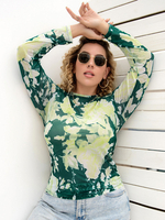 Plus Size T-Shirt für Frauen Jewel Neck Long Sleeves Printed Pattern Paspel Polyester Stretch Casual T-Shirt