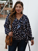 Plus Size T-Shirt für Frauen Marineblau V-Ausschnitt Langarm Blumendruck Polyester Casual Sommer Top