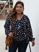 Plus Size T-Shirt für Frauen Marineblau V-Ausschnitt Langarm Blumendruck Polyester Casual Sommer Top