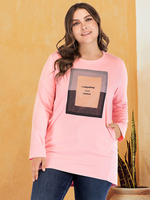 Plus Size T-Shirt für Frauen Pink Jewel Neck Langarm Bedruckt Oversized Casual T-Shirt