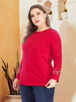 Plus Size T-Shirt für Frauen Red Jewel Neck Lange T-Shirt Ärmel Übergroße Casual T-Shirt