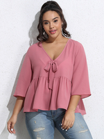 Plus Size T-Shirt für Frauen Rüschen mit V-Ausschnitt Schnürung 3/4-Länge Ärmel Polyester Casual Bluse