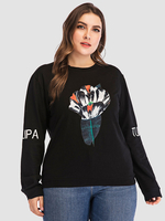 Plus Size T-Shirt für Frauen Schwarzer Juwelenhals Langarm Rippenstrickmanschette Blumendruck Übergroßes Casual T-Shirt