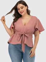 Plus Size T-Shirt für Frauen V-Ausschnitt Kurzarm Plissee Schnür Batwing Kurzarm Polyester Casual Pink Top