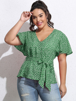 Plus Size T-Shirt für Frauen V-Ausschnitt Plissee Schnüren Ausgestellt Halbarm Casual Bluse Sommer Top