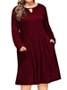 Plus Size Tunika Kleid Dunkelrot Jewel Neck Langarm Knielanges Sommerkleid