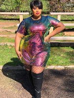 Plus Size Tunika Kleid Jewel Neck Kurzarm Pailletten Stoff Casual Knielanges Sommerkleid