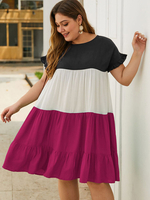 Plus Size Tunika Kleid Jewel Neck T-Shirt Kurzarm Rüschen Knielang Summer Red Midi Kleid