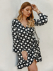 Plus Size Tunika Kleid Schwarz bedrucktes Muster V-Ausschnitt Langarm Schnürrüschen Sommer Midi Kleid