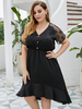 Plus Size Tunika Kleid Schwarzes V-Ausschnitt Kurzarm Polyester Knielanges Sommerkleid