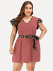 Plus Size Tunika-Kleid V-Ausschnitt Kurzarm Schnür-Polyester Knielanges Sommer-Midi-Kleid