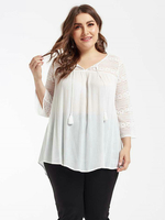 Plus Size weiße Bluse für Frauen Jewel Neck Rib Strick Manschette Langarm Layered Cotton Casual Summer Top
