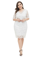 Plus Size White Dress V-Ausschnitt Illusion Halbarm Layered Nylon Lace Bodycon Dress