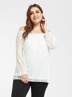 Plus Size White T-Shirt für Frauen Bateau Neck Rüschen Lace Bell Langarm Casual Summer Top Casual Bluse