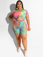 Plus Size Zweiteiler Sets für Frauen Grass Green Polyester Plissee Tie Dye Stripes Kurzarm Jewel Neck Casual Summer Outfit