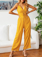 Polka Dot Jumpsuit Ausschnitt Kordelzug Ärmellos Sommer Weitbein Jumpsuit