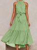 Polka Dot Maxikleider Green Sleeveless Sash Swing Dress