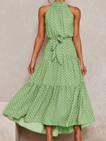 Polka Dot Maxikleider Green Sleeveless Sash Swing Dress