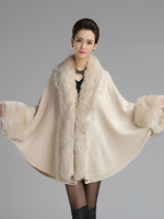 Poncho Cape Winterjacke V-Ausschnitt Ecru White Poncho Winter Kunstpelz Cape