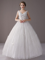 Prinzessin Ballkleid Brautkleider Elfenbein Reich Taille Spitze Perlen V-Ausschnitt Bögen Tüll Brautkleid