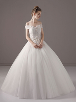 Prinzessin Ballkleid Brautkleider Elfenbein weg von der Schulter Spitze Applique Blume Perlen Brautkleid