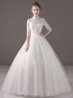 Prinzessin Brautkleider Ballkleid Elfenbein halbe Hülse hohen Kragen Spitze Tüll Schlüsselloch bodenlangen Brautkleid