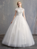 Prinzessin Brautkleider Ballkleid Elfenbein Spitze Blumen Stehkragen Tüll Bodenlangen Brautkleid