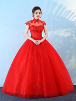 Prinzessin Brautkleider Ballkleid Rote Spitze Sicke Stehkragen Bodenlangen Brautkleid
