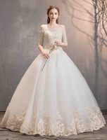 Prinzessin Brautkleider Elfenbein Spitze Applique aus der Schulter halben Ärmel bodenlangen Brautkleid