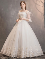 Prinzessin Brautkleider Tüll Elfenbein Weg Von Der Schulter Spitze Applique Bodenlangen Brautkleid