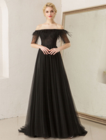 Prom Dresses Off Shoulder Black Abendkleid Federn Tulle Half Sleeve Formale Kleider mit Zug