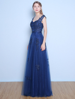 Prom Kleider lange dunkle Marine Spitze Sicke Tüll Sash bodenlangen Abendkleid