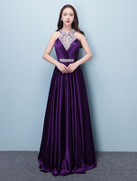 Prom Kleider lange Lavendel Satin Perlen Halfter Backless bodenlangen formalen Anlass Kleid