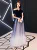 Prom Kleider Lange Schulterfrei Samt Tüll Ombre Dark Navy Maxi Abendkleid