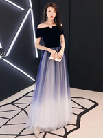 Prom Kleider Lange Schulterfrei Samt Tüll Ombre Dark Navy Maxi Abendkleid