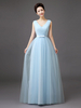 Prom Kleider2022 Lang Tüll V-Ausschnitt ärmellose Schleife Sash bodenlangen blauen Brautjungfer Kleid