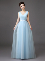 Prom Kleider2022 Lang Tüll V-Ausschnitt ärmellose Schleife Sash bodenlangen blauen Brautjungfer Kleid