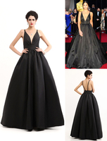Promi-Kleider Schwarz Oscar Abendkleid Straps Backless tiefe V-Taft-Kleid