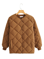 Puffer Coats Coffee Brown Jewel Neck Front-Button Lange Hülsen-beiläufige Winter-Mantel-Oberbekleidung