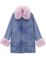 Puffermäntel für Frauen Rosa Kunstpelz Umlegekragen Lange Ärmel Casual Verdicken Wintermantel Oberbekleidung