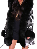 Puffermäntel Schwarz Mit Kapuze Reißverschluss Lange Ärmel Camouflage Casual Winter Mantel Oberbekleidung