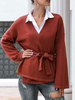 Pullover Cardigans Brick Red Polyester Schnürung Langarm V-Ausschnitt Damen Cardigans