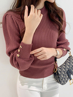Pullover für Frauen Backstein rote Knöpfe Jewel Neck Langarm Pullover