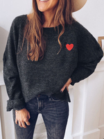 Pullover für Frauen Black Jewel Neck Langarm Herzdruck Polyester Pullover