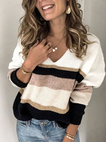Pullover für Frauen Braune V-Ausschnitt Langarm Gestreifte Pullover