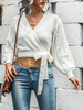 Pullover für Frauen Ecru White Schnür-V-Ausschnitt Langarm Polyester Pullover