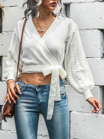 Pullover für Frauen Ecru White Schnür-V-Ausschnitt Langarm Polyester Pullover