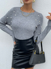 Pullover für Frauen Graue Nieten-Schmuck-Ausschnitt mit langen Ärmeln Unregelmäßige Polyester-Pullover