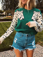 Pullover für Frauen Grüne Jewel Neck Long Sleeves Animal Print Pullover